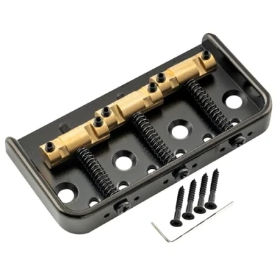 Abbildung von Musiclily Ultra 54mm Vintage Kurze Tele Steg Bridge mit Aluminium Platte 3 Kompensiert Messing Saitenreiter für Style E Gitarre, Schwarz