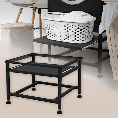 Abbildung von ML Design Waschmaschinen Untergestell mit ausziehbarer Ablage, Schwarz, 62,5x53,5x45 cm, aus Stahl, bis 150kg, höhenverstellbaren Füße, Waschmaschinensockel Trocknersockel Podest Unterschrank Erhöhung