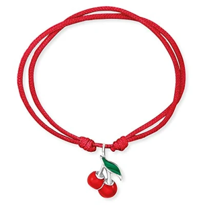 Abbildung von Herzengel Mädchen Kinder Armband aus rotem Nylon und einem Kirsch Anhänger roter Emaille Ösenverschluss längenverstellbar nickelfrei