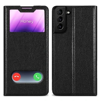 Abbildung von Cadorabo Hülle kompatibel mit Samsung Galaxy S21 Plus in KOMETEN SCHWARZ Schutzhülle Magnetverschluss, Standfunktion und 2 Sichtfenstern