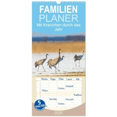Abbildung von Familienplaner 2025 mit Kranichen durch das Jahr 5 Spalten (Wandkalender, 21 cm x 45 cm), CALVENDO