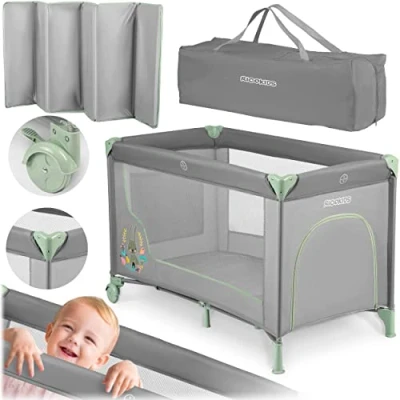 Abbildung von Ricokids Reisebett Baby Mit Matratze 125 x 65 78 cm Kinderreisebett Babybett Bis 15 kg 2 Räder Bremsen Abnehmbarer Seiteneingang Transporttasche Faltbar Kompakt Hellgrau Lavendel