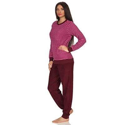Abbildung von RELAX by Normann Damen Frottee Pyjama Langarm mit Bündchen in edler Streifenoptik 291 201 13 780, Farbe:rosa, Größe:52/54