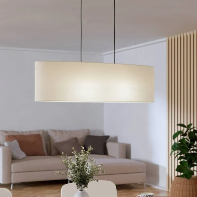 Abbildung von EGLO Hängelampe Febres, Pendelleuchte über Esstisch, ovale Esszimmerlampe aus Bouclé Stoff, Metall in Schwarz und Textil Weiß, E27 Fassung, 78 cm