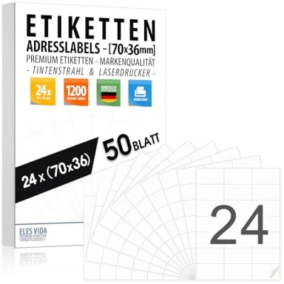 Abbildung von Adressetiketten IN 70x36 mm (50 Blatt 1200 Adressaufkleber) (24 pro DIN A4 Bogen), bedruckbar mit Inkjet und Laserdrucker Aufkleber, Drucker Etiketten MADE GERMANY
