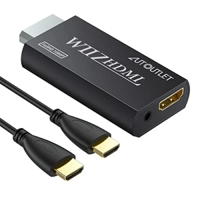 Abbildung von AUTOUTLET Wii zu HDMI Adapter, 1080P/720P Full HD Konverter, mit 3,5mm Video Audio Ausgang Buchse und 1m Kabel, für Nintendo Wii, TV Monitor Beamer Fernseher schwarz