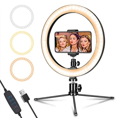 Abbildung von AIXPI Ringlicht mit Stativ &amp; Handyhalter 10 Zoll, Dimmbare LED Tischringlicht, USB, für YouTube Selfie, TikTok, Makeup/Fotografie Kompatibel Smartphone