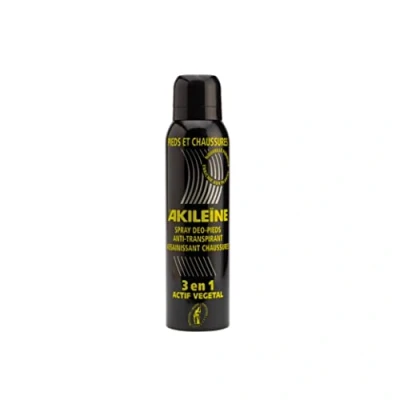 Abbildung von Akileïne® 3 in 1 Spray, schwarz, dreifache Wirkung für Füße und Schuhe, Desodorierung, Regulierung der Atmungsaktivität, mikrobieller Schutz, Format 150 ml