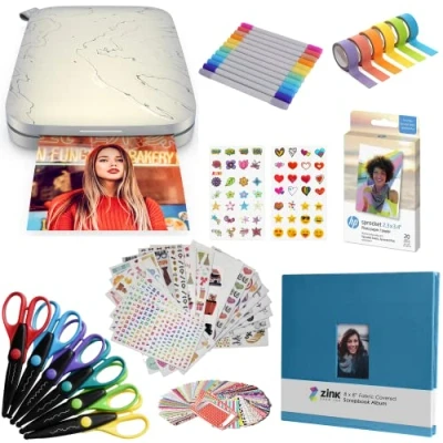 Abbildung von HP Sprocket Select Tragbarer Sofortbilddrucker mit 2,3 x 3,4 Zoll (Weiß) Set: Zink Papier 20er Pack, Fotoalbum, Schere, Marker, Stickersets.