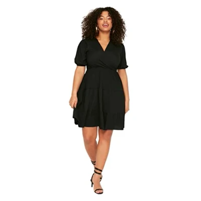 Abbildung von TRENDYOL Damen Mini Wrapover Regular Plus Size Kleid, Schwarz, 3XL Größen