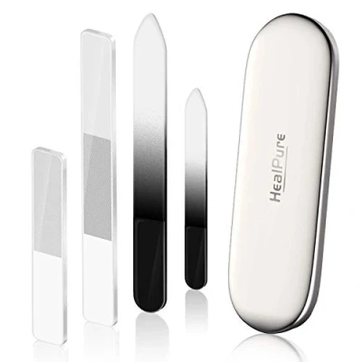 Abbildung von Glasnagelfeile und Shiner 4PC doppelseitig geätzte Kristall Nagelfeilen Nano Nagelpolierer, Professionelle Salon Maniküre Tools Kit für Acryl Naturnägel (Lila)