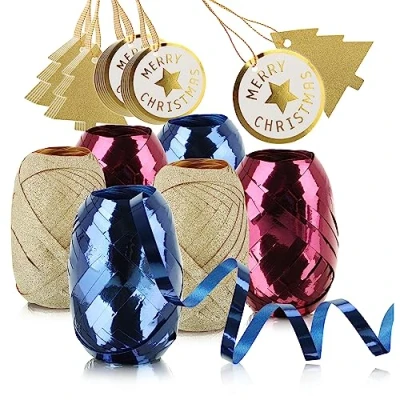 Abbildung von com four® 30 teiliges Verpackungsdekoset Geschenkbänder und Geschenkanhänger zum Verpacken Dekorieren Deko Ringelbänder Anhänger Beschriften