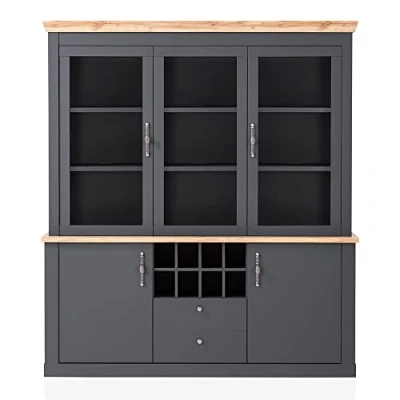 Abbildung von Lomadox Buffetvitrine Vitrinenschrank Küchenbuffet Landhaus in anthrazit mit Wotan Eiche Nb., B/H/T ca. 184/205/44 cm