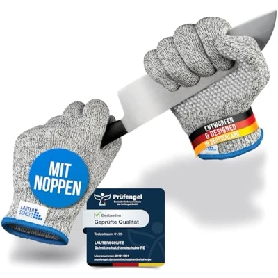 Abbildung von LauterSchutz® PREMIUM SCHNITTSCHUTZ Handschuhe mit NOPPEN Kinder &amp; Erwachsenen Größen Kreuzfaser PE Stoff hoher Komfort dehnbares Material KLASSE C (Größe M, Noppen)
