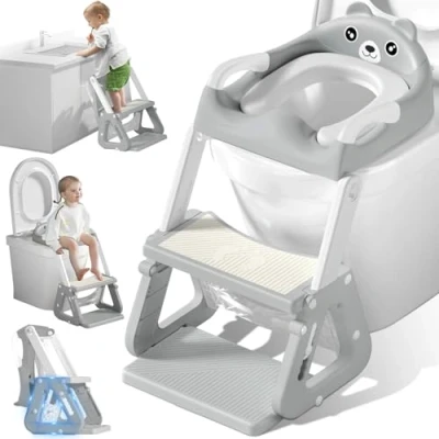 Abbildung von Vautvis Toilettensitz Kinder Mit Treppe, 2 In 1 Toilettenleiter Für Kinder, Klositz Treppe Bär, Kindertoilette Ab 3 4 Jahre Griffe, Pu Sitzkissen, Anti Rutsch Pad Tritthocker
