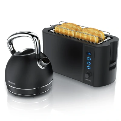 Abbildung von Arendo Frühstücks Set, Wasserkocher Edelstahl 1,7l, 4 Scheiben Langschlitztoaster, Toaster, Frühstücksset, Retro, 2200W, Brötchenaufsatz, schwarz