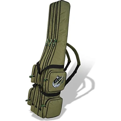 Abbildung von Rutentasche Rod Case Angelkoffer Futteral mit 2, 3 oder 4 Ruten Fächern, Verschiedene Längen wählbar stark wasserabweisender Fishing Rucksack Farbe Dunkelgrün Innenfächer Größe 170 cm
