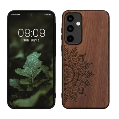 Abbildung von kwmobile Hülle kompatibel mit Samsung Galaxy A55 5G Holz Case Handy Cover TPU Handyhülle in Dunkelbraun Aufgehende Sonne