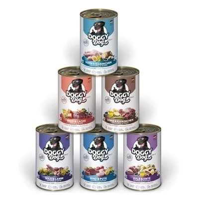 Abbildung von DOGGY Dog Paté Mix 1, 6 x 400 g, Nassfutter für Hunde im Probierpaket, getreidefreies Hundefutter mit Lachsöl und Grünlippmuschel, Alleinfuttermittel hohem Fleischanteil, Made in Germany