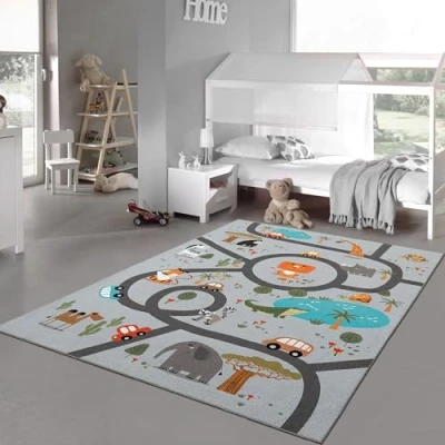 Abbildung von Teppich Traum Kinderteppich Kinderzimmer waschbar rutschfest Spielteppich Safari Straßen Autos Tiere grau 160 x 220 cm
