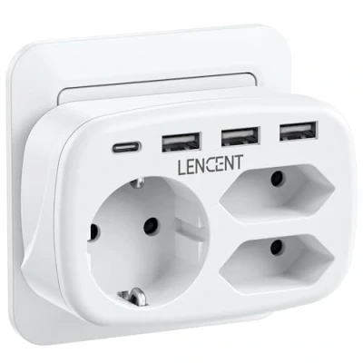 Abbildung von LENCENT USB Steckdose 7 in 1 Mehrfachsteckdose Steckdosenadapter, 3 Fach Doppel Euro und Schuko Mehrfachstecker mit C Anschluss, Doppelstecker für Wand Steckdose, Polykarbonat