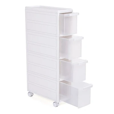 Abbildung von SONGMICS Rollwagen mit 4 Schubladen, Nischenregal Ebenen, 2 teilig, separat benutzbar, Küchenregal, Badregal, Standregal, Allzweckwagen Rollen, 84,5 cm hoch, weiß KFR05W, 18 x 46