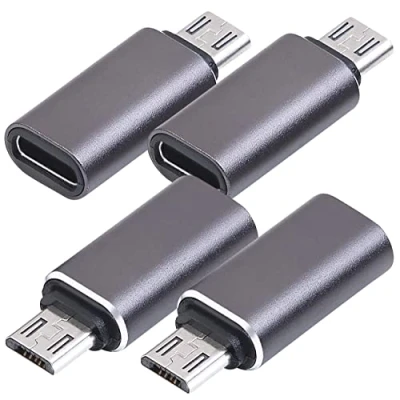Abbildung von PEARL Typ C Adapter: 4er Set Adapter Micro USB Stecker auf Buchse, Aluminiumgehäuse (Aufladung Gerät Anschluss, Apple iPhone Ladekabel)