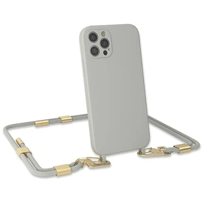 Abbildung von EAZY CASE Handykette Silikon mit Clips 2 in 1 kompatibel iPhone 12 Pro Handyhülle Umhängeband, Handykordel Silikon, Hülle Band, Kette für Smartphone, Taupe Matt Gold