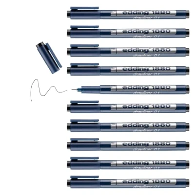 Abbildung von edding 1880 Präzisionsfeinschreiber schwarz 10 Stifte Linienbreite 0,25 mm Fineliner zum präzisen Schreiben und Skizzieren feine, metallgefasste Spitze Lineal schablonengeeignet