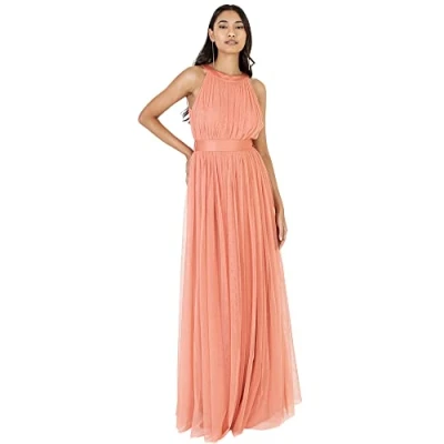 Abbildung von Anaya with Love Damen Ladies Maxi Dress for Women Halter Neck Long Sleeveless Belt A Line Evening Gown Ball Prom Wedding Guest Bridesmaid Kleid, Coral Pink, 48 EU