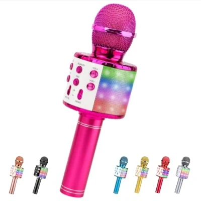 Abbildung von ShinePick Karaoke Mikrofon Bluetooth, 4 in 1 Drahtloses Geschenke Kinder Mädchen,Tragbare LED Microphone Spielzeug ab 12 Jahre,Heim KTV Gerät kompatibel mit iOS Android PC (Purpur)
