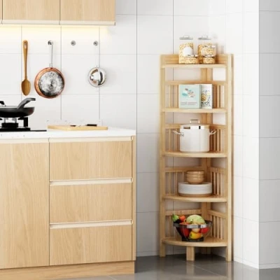 Abbildung von Dripex Eckregal stehend, Badezimmerregal, Bücherregale Bambus, Standregal mit 5 Ablagen, 110x30x30cm, Platzsparend, Klein Lagerregal für Badezimmer, Wohnzimmer, Schlafzimmer, Küche, Balkon