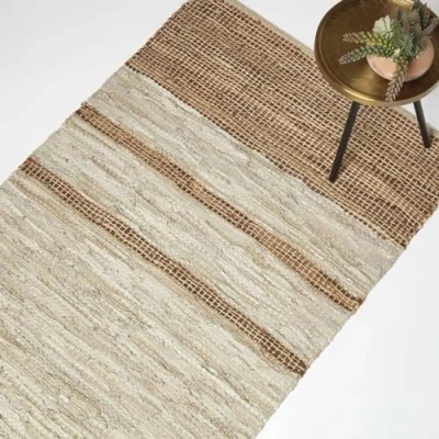 Abbildung von Homescapes Lederteppich Braun beige gestreift 90x150 cm, Webteppich Töne aus Recycling Leder &amp; Jute