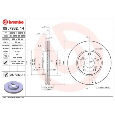 Abbildung von BREMBO COATED DISC LINE 09.7932.11 Bremsscheibe 282 23 5 innenbelüftet beschichtet mit Schrauben HONDA: HR V II, Accord 6 Limousine