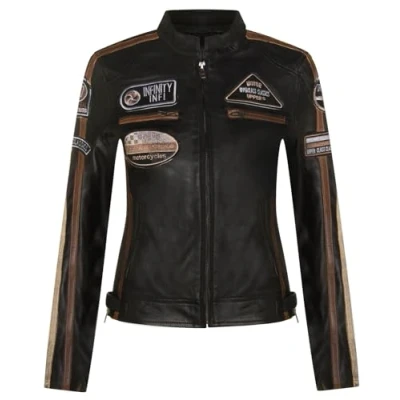 Abbildung von Infinity Leather Damen Schwarz Leder Biker Casual Racing Moto Abzeichen Jacke