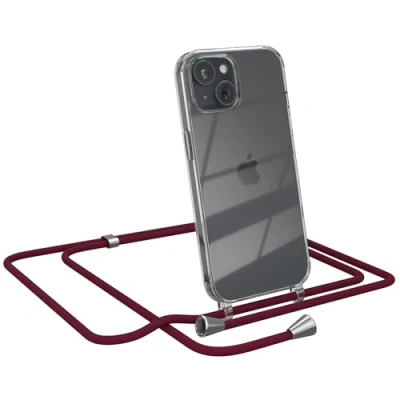 Abbildung von EAZY CASE Handykette kompatibel mit iPhone 15 Handyhülle Umhängeband, Handykordel Schutzhülle, Silikonhülle, Hülle Band, Stylische Kette für Smartphone, Budunder Rot