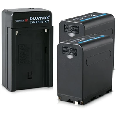 Abbildung von Blumax 2X Akku für Sony NP F980 / F970 F750 F550 F960 LG Zellen 7850mAh mit 5V USB Ausgang und DC 8,4V EIN &amp; + Ladegerät inkl. KFZ Ladekabel