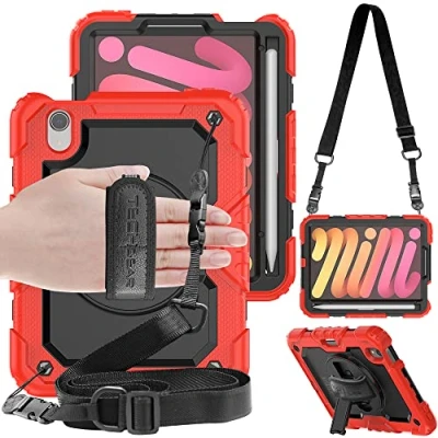 Abbildung von TECHGEAR Utility Hülle für iPad Mini 6 2021 6. Generation (8.3 Zoll) Robust Heavy Duty Stoßfeste Schutzhülle mit 360 Grad Schwenk ständer, Hand Schultergurt Eingebaut Bildschirm Rot