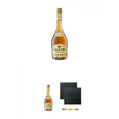 Abbildung von Chantrè deutscher Weinbrand 0,7 Liter + Schiefer Glasuntersetzer eckig ca. 9,5 cm Ø 2 Stück