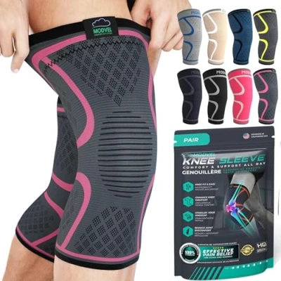 Abbildung von MODVEL Kniebandage Set für Damen und Herren Stabiler Halt beim Sport, Training, Fitness, Wandern, Alltag Bequeme, Hautfreundliche, Atmungsaktive Bandage aus Weichem Nylon Latex Gewebe, Größe S