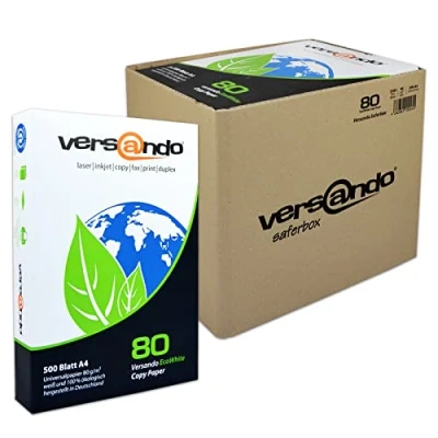 Abbildung von versando 2.500 Blatt Recyclingpapier DIN A4 EcoWhite 80g Kopierpapier Druckerpapier Öko hohe Weiße ISO 90 Blauer Engel zertifiziert Umweltpapier in der Saferbox