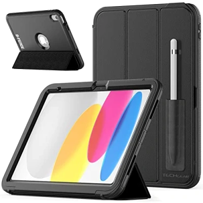 Abbildung von TECHGEAR D Fence Kompatibel mit Apple iPad 10. Generation 2022 Hülle (10.9) Schlanker, Schlagfester, Robuster Schutzanzug Rüstung Defence Smart Fall, Kinder Schule Bauherren Arbeiter + Folie, Schwarz