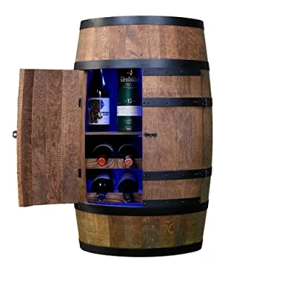 Abbildung von CREATIVE COOPER Weinregal Holz mit Tür LED RGB Weinliegen und Regal Alkoholschrank Flaschenregal Holzfass Fassmöbel Weinfass Weinbar Fass bar 80 cm Wenge