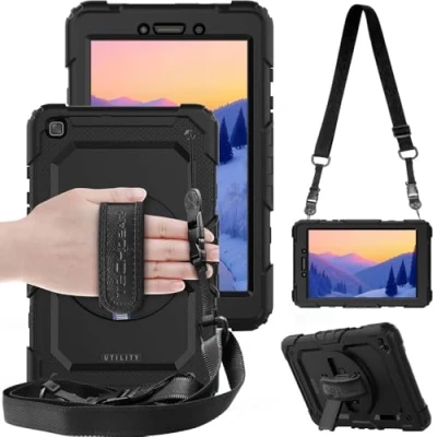 Abbildung von TECHGEAR Utility Gurt Hülle für Samsung Galaxy Tab A 8,0 Zoll 2019 (SM T290/T295) Robust Heavy Duty Stoßfeste Schutzhülle mit 360 Grad Schwenkständer, Hand Schultergurt eingebaut Bildschirm Schwarz