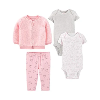 Abbildung von Simple Joys by Carter&#039;s Baby Mädchen 4 Piece Jacket, Pant, and Bodysuit Layette Set, Grau/Rosa/Weiß Herzen/Katze, 12 Monate