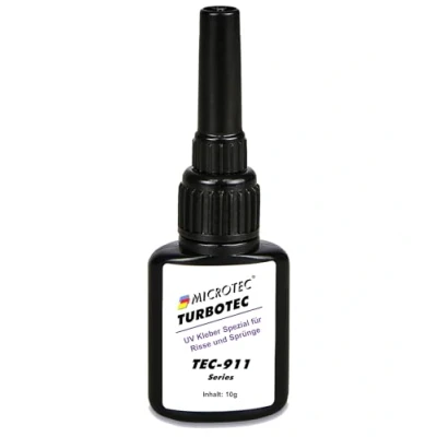 Abbildung von Microtec® Turbotec 911 dünnflüssiger UV Kleber Ausbesserung von Rissen und Sprüngen für Glas/Metall/Kunststoff 10g ohne Taschenlampe lichthärtender transparenter Klebstoff