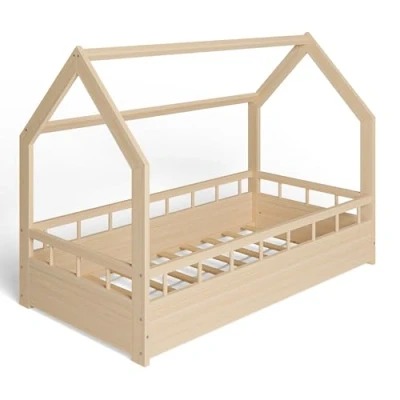 Abbildung von ms factory Hausbett Kinderbett 70x140 cm mit Rausfallschutz und Lattenrost Einzelbett aus Kiefernholz für Mädchen Junge Natur Farblos