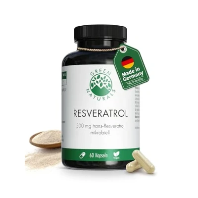 Abbildung von Trans Resveratrol 500mg aus Hefe 60 Kapseln Deutsche Herstellung 100% Vegan &amp; Ohne Zusätze Vorrat für 2 Monate Apothekenqualität Green Naturals®