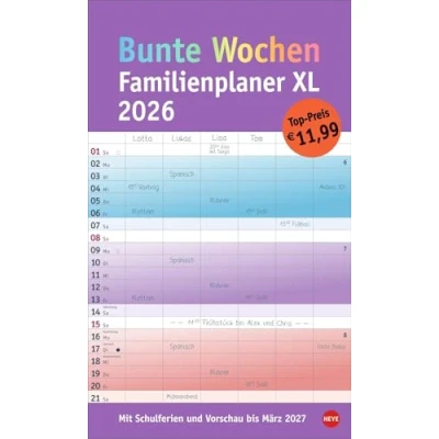 Abbildung von Bunte Wochen Familienplaner XL 2026: Familienkalender mit 6 Spalten. Praktischer Familien Wandkalender Schulferien. Extra breiter Terminkalender. (Bürokalender Heye)
