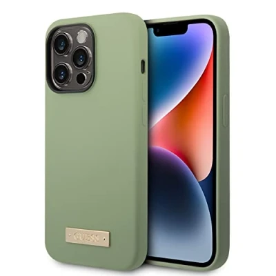 Abbildung von CG MOBILE Guess Kompatibel mit Magsafe Silikon Hülle Metallplatte Logo, Kratzfest, stoßfest iPhone 14 Pro Max (Kaki)